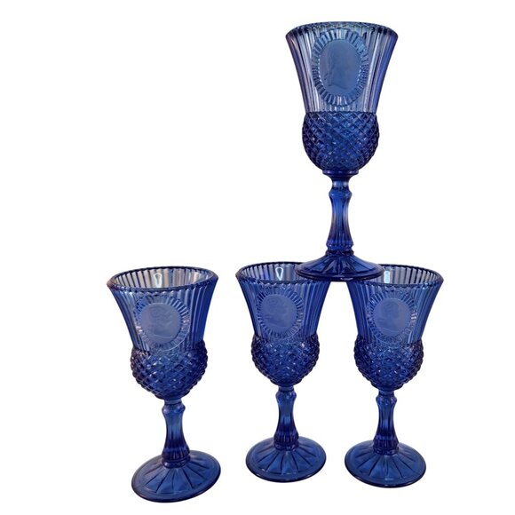 Vtg 1976 Avon Fostoria Cobalt Blue George Martha Washington 4 Glass Wine Goblets - Picture 8 of 11